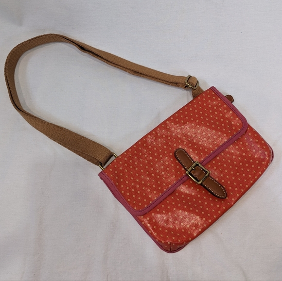 Fossil Handbags - Fossil Coated Cotton Canvas Orange and Pink Polkadot Crossbody Purse